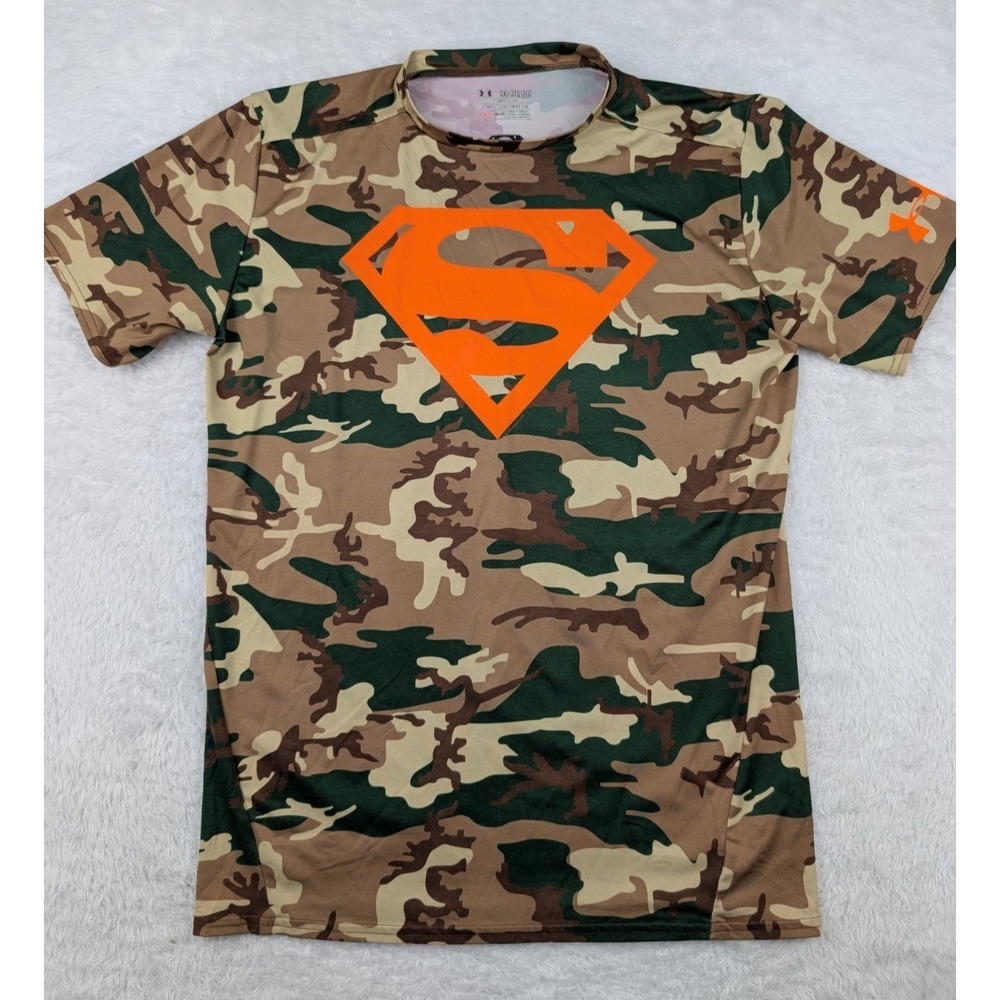 Under Armour Superman Shirt Men's 2XL Camo Green Brown Compression Short Sleeve